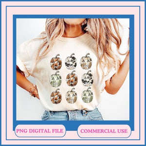 May include: A white t-shirt with a design of nine camouflage patterned jack-o'-lantern pumpkins. The pumpkins are arranged in three rows of three.  "PNG Digital File" and "Commercial Use" are written at the bottom of the image.