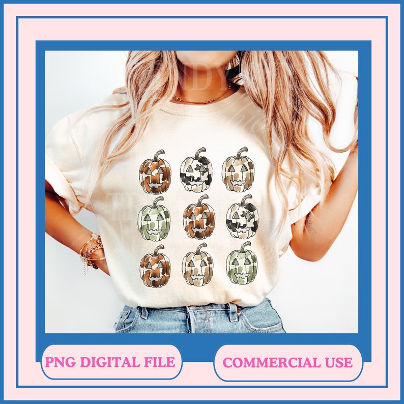 May include: A white t-shirt with a design of nine camouflage patterned jack-o'-lantern pumpkins. The pumpkins are arranged in three rows of three.  "PNG Digital File" and "Commercial Use" are written at the bottom of the image.