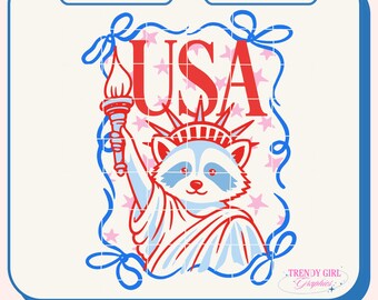Guaxinim patriótico, estampa para camiseta do 4 de julho, American Girl.