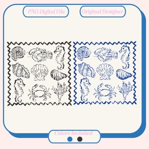 May include: A digital file containing a set of 12 black and white sea life illustrations. The illustrations include a seahorse, crab, seashell, and seaweed. The illustrations are in a vintage style and are perfect for scrapbooking, card making, or other craft projects.