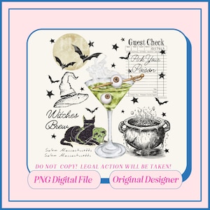 May include: A digital illustration of a witch's brew with a cauldron, a martini glass with eyeballs, a witch's hat, a black cat, and a guest check that says "Pick Your Poison".