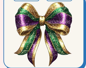May include: A large glittery bow with gold, green, and purple stripes. The bow is a festive decoration for Mardi Gras.