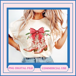 May include: A white t-shirt with a red bow and two pink cowboy boots with gold stars. The boots are decorated with holly and berries.