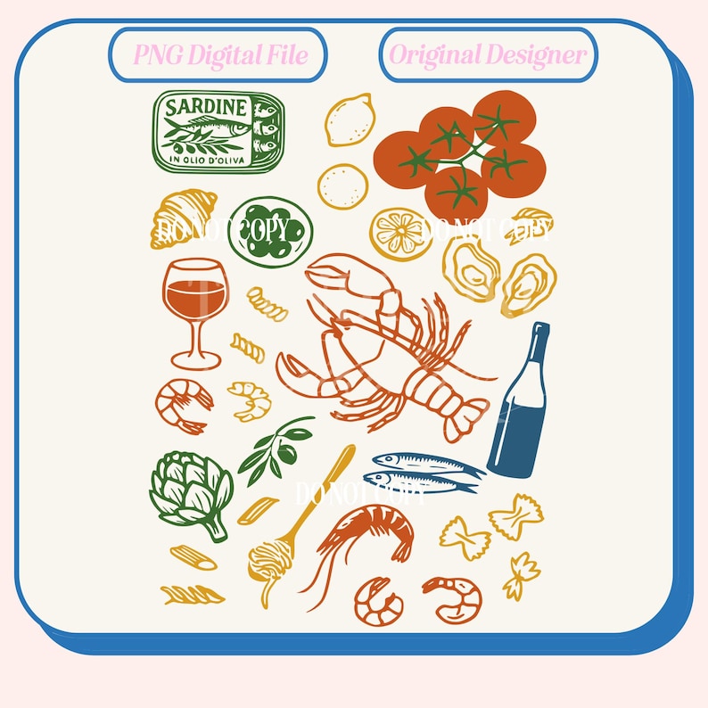 May include: A digital illustration featuring various food items. Includes a sardine can, tomatoes, lemons, a lobster, oysters, a wine glass, shrimp, pasta, and a bottle of wine. The design is in shades of green, orange, yellow, and blue.