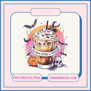 May include: A digital illustration of a Halloween-themed iced coffee with a witch's hat, bats, and a pumpkin. The text on the banner reads "Cold Brew, Coffins & Covens".