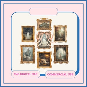 May include: A set of six digital illustrations of vintage ornate frames with spooky ghost images inside. The frames are gold with a distressed look. The ghosts are white and translucent. The images are perfect for Halloween decorations or crafts.
