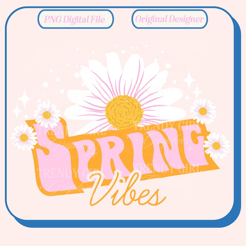 K&ouml;nnte beinhalten: Eine digitale Illustration eines Fr&uuml;hlings-Vibes-Designs in Pink und Orange mit wei&szlig;en G&auml;nsebl&uuml;mchen. Der Text "Spring Vibes" ist in einer Retro-Schrift.