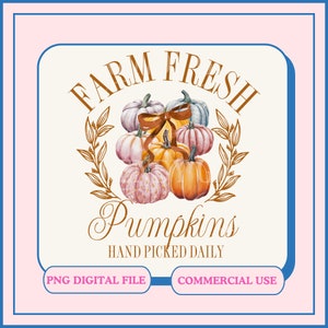May include: Farm Fresh Pumpkins hand picked daily. A watercolor illustration of a pile of pumpkins with a brown ribbon and gold leaves.