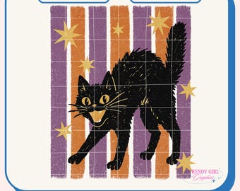Striped Cat Halloween PNG, Black Cat ong, Vintage Witchy Design (Digital Download)