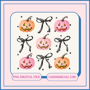May include: A set of six digital illustrations of Halloween pumpkins with black bows and stars. The pumpkins are in two color schemes: orange with black details and pink with black details. The text "PNG DIGITAL FILE" and "COMMERCIAL USE" is at the bottom of the image.