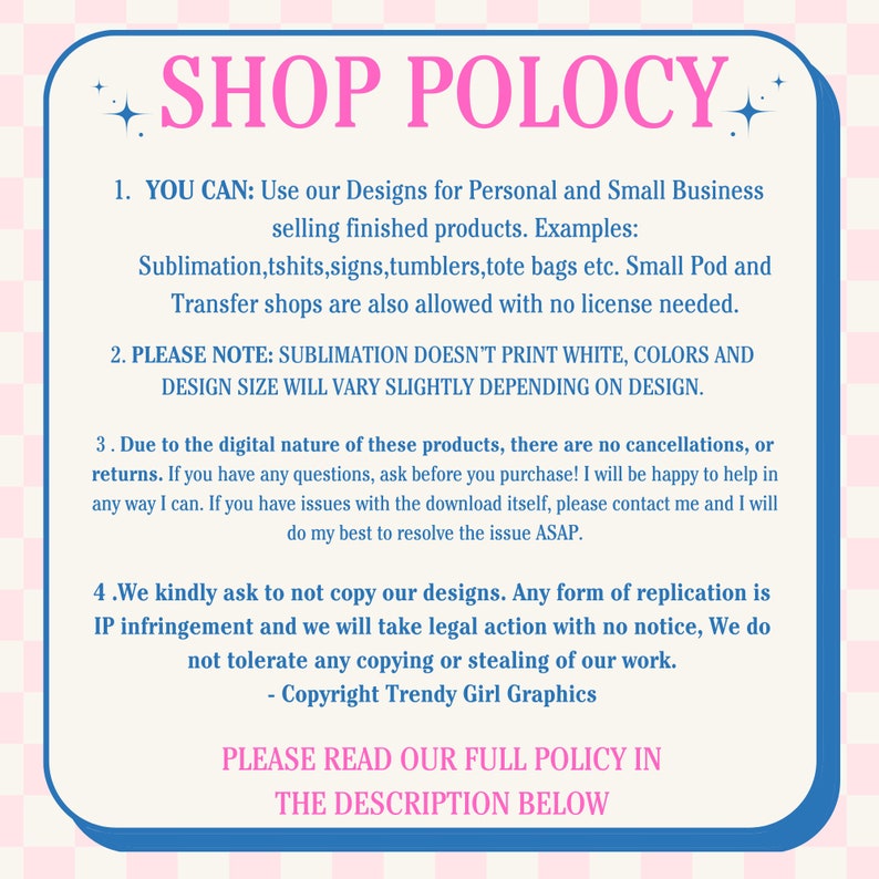Puede incluir: Gr&aacute;fico rosa y azul con el texto "SHOP POLOCY" e informaci&oacute;n sobre el uso de dise&ntilde;os para productos personales y de peque&ntilde;as empresas. Incluye informaci&oacute;n de derechos de autor y una llamada a leer la pol&iacute;tica completa.
