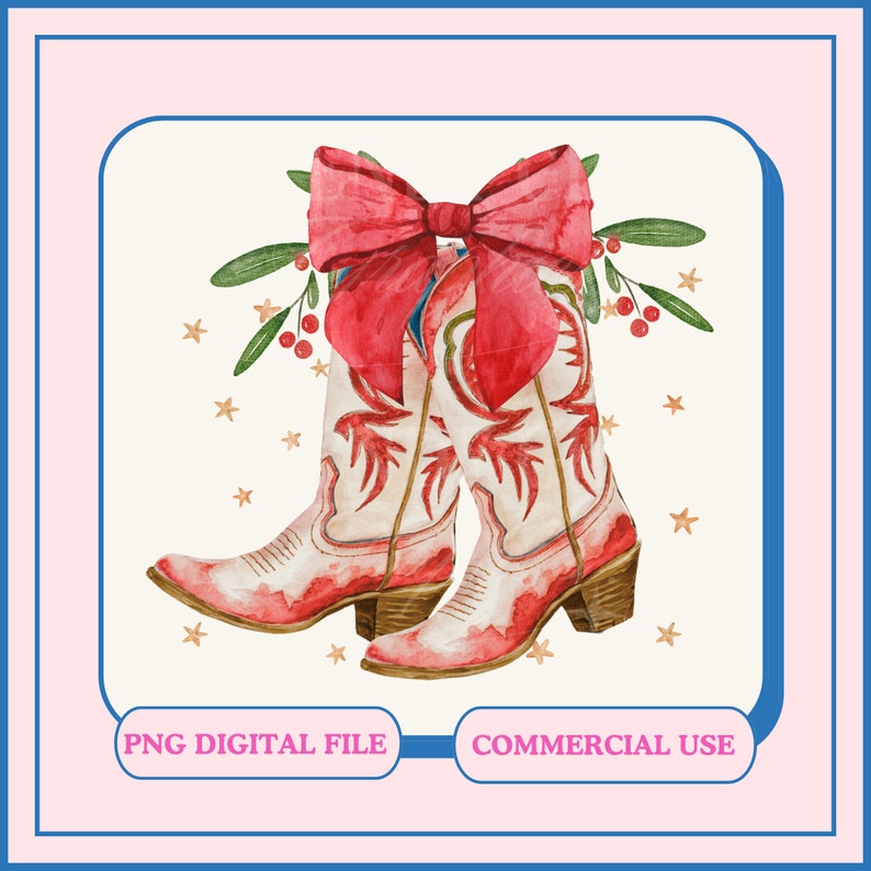 May include: A pair of white cowboy boots with red accents and a red bow tied around the tops. The boots are decorated with a floral design and are set against a pink background.