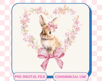 May include: A watercolor illustration of a brown bunny rabbit with a pink bow sitting in a heart-shaped wreath of pink flowers. The image has the text "PNG DIGITAL FILE" and "COMMERCIAL USE" at the bottom.