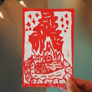 Lagerfeuer Linoldruck - original Linoldruck - 10 x 15 cm