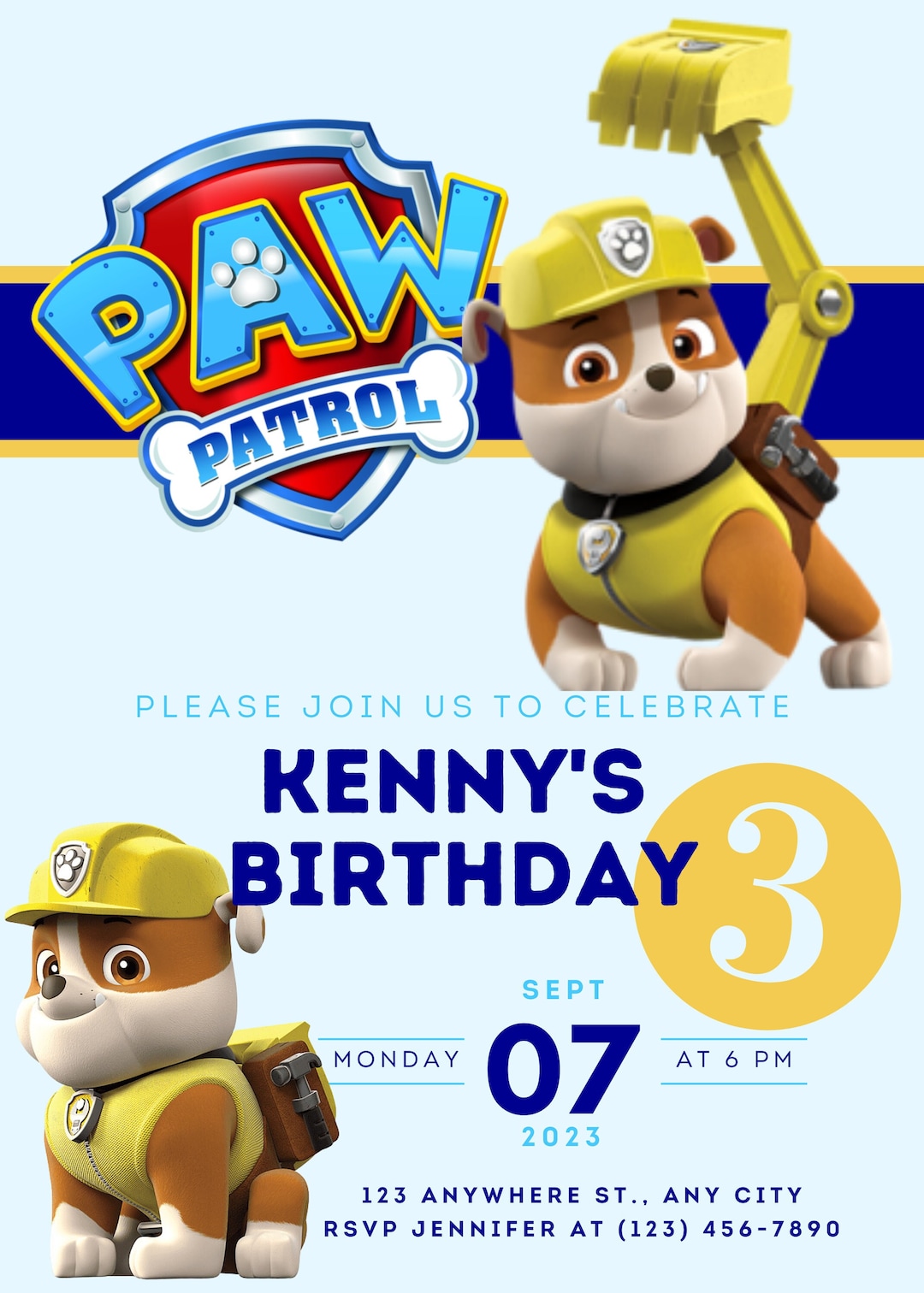 Paw Patrol Rubble Birthday Invitation Printable/template Etsy
