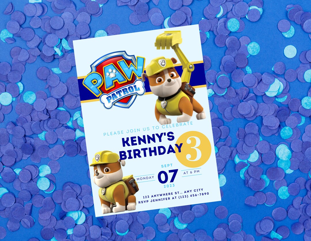 Paw Patrol Rubble Birthday Invitation Printable/template Etsy