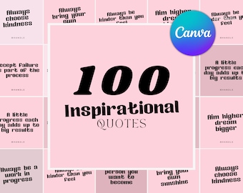Puede incluir: Un fondo rosa con un collage de citas inspiradoras. Las citas están en texto negro e incluyen frases como "Siempre elige la amabilidad", "Siempre trae tu propio sol" y "Apunta más alto, sueña más grande". El texto "100 citas inspiradoras" está en el centro de la imagen.