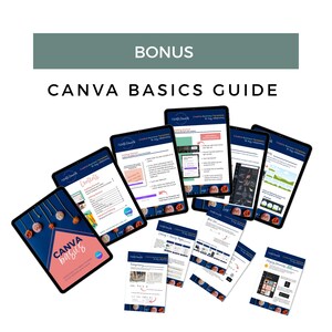 May include: A collection of digital tablets and printed pages featuring the text "BONUS" and "CANVA BASICS GUIDE." The tablets display colorful Canva templates and guides, with a pink and blue cover that says "CANVA basics."