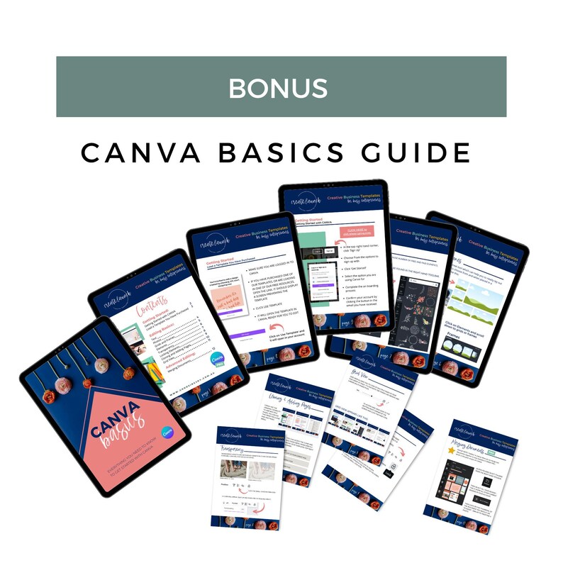 May include: A collection of digital tablets and printed pages featuring the text "BONUS" and "CANVA BASICS GUIDE." The tablets display colorful Canva templates and guides, with a pink and blue cover that says "CANVA basics."