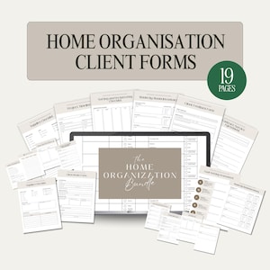 May include: A collection of home organization client forms, including checklists and inventories. The image features a tablet displaying forms, with additional forms scattered around. The text reads "HOME ORGANISATION CLIENT FORMS" and "the HOME ORGANIZATION Bundle."