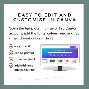 May include: An image with the text "EASY TO EDIT AND CUSTOMISE IN CANVA". It shows a computer monitor displaying the Canva interface. The text also mentions editing fonts, colors, and images, and sharing the design.