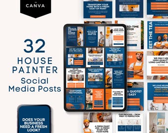 Könnte beinhalten: Eine Sammlung von 32 Social-Media-Beiträgen für einen Maler, die eine Vielzahl von Designs mit blau-orangen Farbschemata aufweisen. Die Beiträge enthalten Texte wie "Verwandeln Sie Ihr Zuhause mit einem frischen Anstrich" und "Braucht Ihr Unternehmen einen neuen Look?"