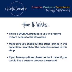 May include: A digital product advertisement with the text "create.launch - DIGITAL TEMPLATES" in a white script font. The image also includes the text "Creative Business Templates for busy entrepreneurs" and "How It Works..." with bullet points.