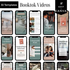 May include: A collection of 33 Booktok video templates displayed on smartphones. The templates feature various designs with text like "Books that ruined me," "My shelf, My rules," and "Heartbreak incoming..." The templates are designed to be edited in Canva.