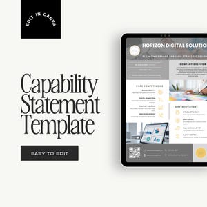 May include: A digital marketing template with the text "Capability Statement Template" in a bold font. The template includes sections for company overview, core competencies, and differentiators, displayed on a tablet.