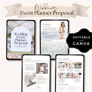 May include: A digital wedding event planner proposal template. The design features a banner with the text "Wedding Event Planner Proposal". The proposal includes sections for introduction, about us, event overview, investment, services offered, and a proposed timeline. The template is editable with Canva.