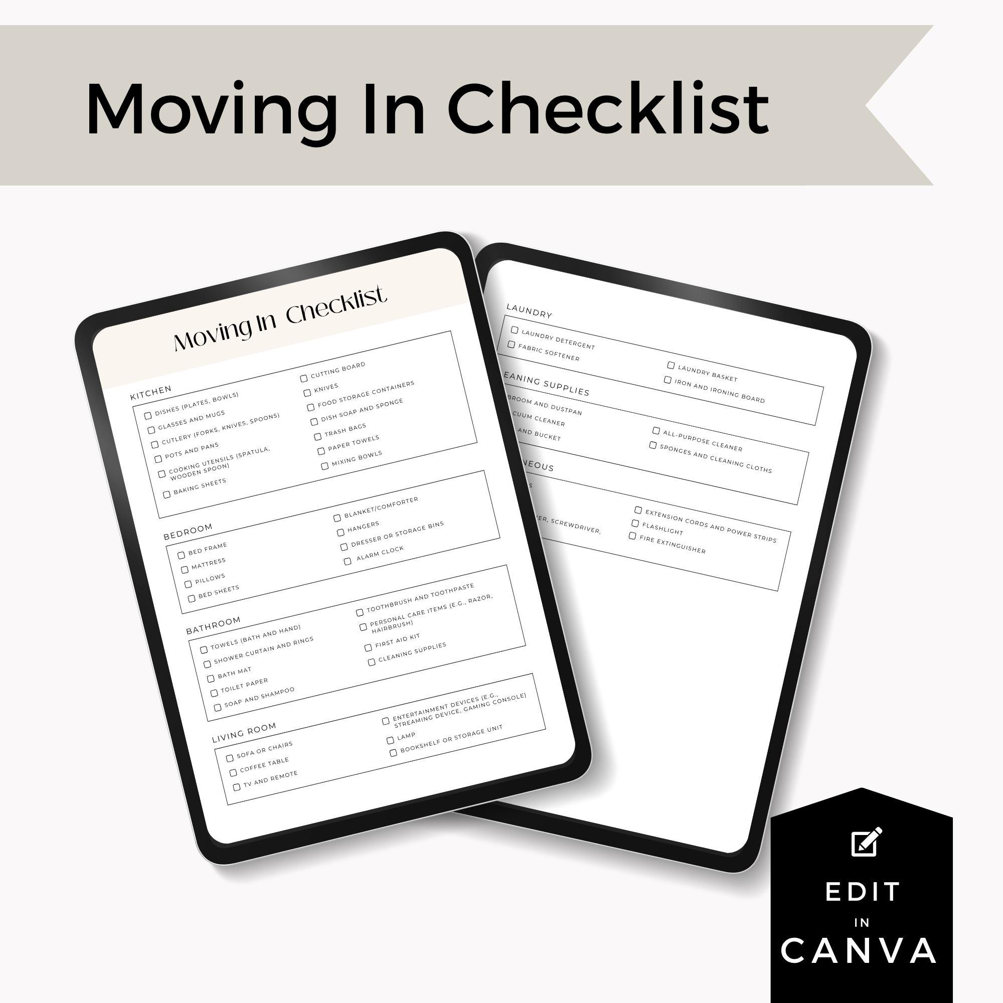 Moving In Checklist Items Moving in Checklist, Editable Canva Template, New Home List, Printable ...
