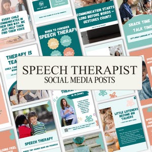 Op de afbeelding: Een verzameling social media-berichten voor logopedisten. De berichten bevatten verschillende afbeeldingen met tekst over logopedie, waaronder onderwerpen als communicatie, kinderontwikkeling en therapietechnieken. Het kleurenpalet omvat teal, oranje en wit.