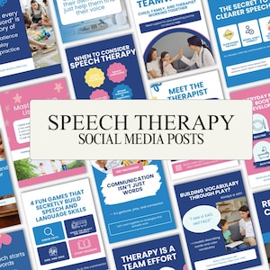 Op de afbeelding: Een verzameling social media posts over logopedie. De posts bevatten kleurrijke graphics met tekst als "Wanneer logopedie overwegen" en "Woordenschat opbouwen door te spelen?" Het thema is communicatie en taalontwikkeling.