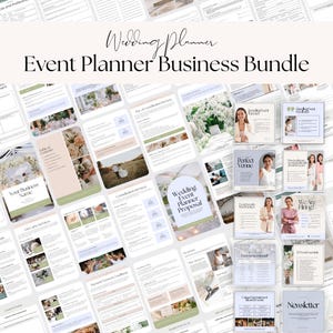 May include: A collection of documents for event planning, with the text "Wedding Planner Event Planner Business Bundle." The documents feature images of weddings, floral arrangements, and people. The color scheme includes beige, green, and white.