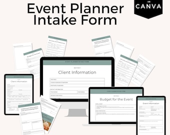 Puede incluir: Imagen de un formulario de admisión para planificador de eventos que se muestra en un monitor de computadora, una computadora portátil y una tableta. El formulario incluye secciones para información del cliente, detalles del evento y presupuesto.