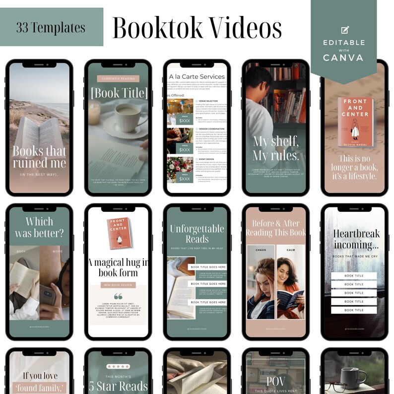 May include: A collection of 15 smartphone templates for Booktok videos. Each template features a different design with text overlays, including phrases like "Books that ruined me" and "Unforgettable Reads." The templates are editable with Canva.