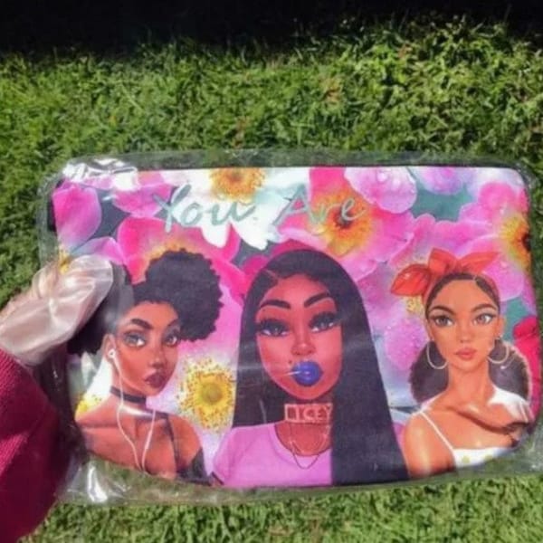 African American Art Zipper Pouch, Black Girl Cosmetic Bag, Travel Bag, Custom Zippered Pouch, Pretty Makeup Bag Gift, Trendy Pencil Case