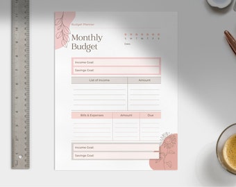 Könnte beinhalten: Ein druckbarer monatlicher Haushaltsplaner in einem rosa-weißen Farbschema. Der Planer enthält Abschnitte für Einkommen, Ersparnisse, Ausgaben und einen Kalender. Der Text "Budget Planner" und "Monthly Budget" befindet sich oben auf der Seite.