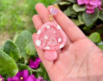 cute pink mushroom resin shaker keychain handmade keychain kawaii accessory for bags backpacks purses