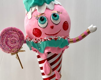 Miss Ice Cream giant cone character, Candyland sculpture, fake ice cream, wreath attachment, photo prop