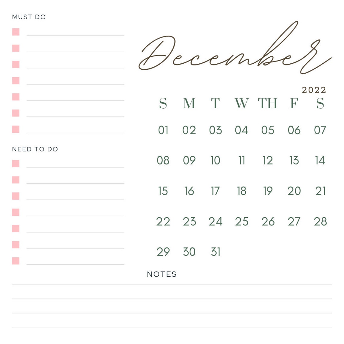 december 2022 digital printable calendar etsy