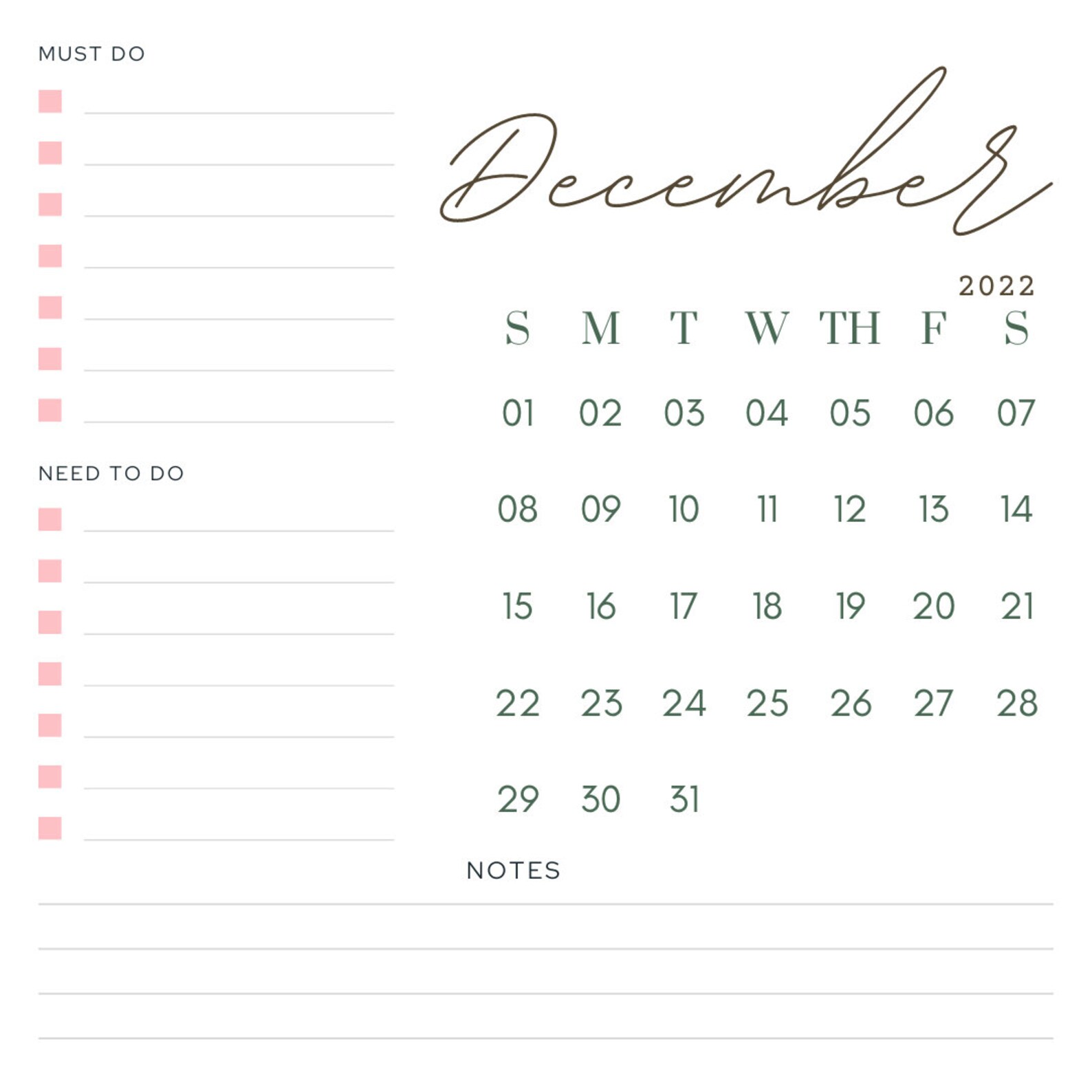 december 2022 digital printable calendar etsy