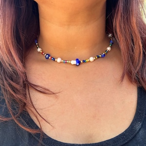 Pearl + flower evil eye + mushroom charm hematite crystal gemstone necklace seed bead choker. Gift for Her.