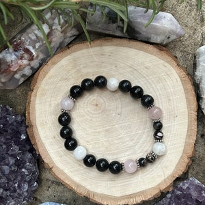Black Obsidian + Moonstone + Rhodonite + Rose Quartz Crystal Bracelet for Protection Self-Love Healing