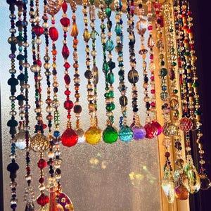 Colorful beaded crystal suncatcher, curtain window sparkling sun catcher, beaded car charm window charm, housewarming home yard decor gift