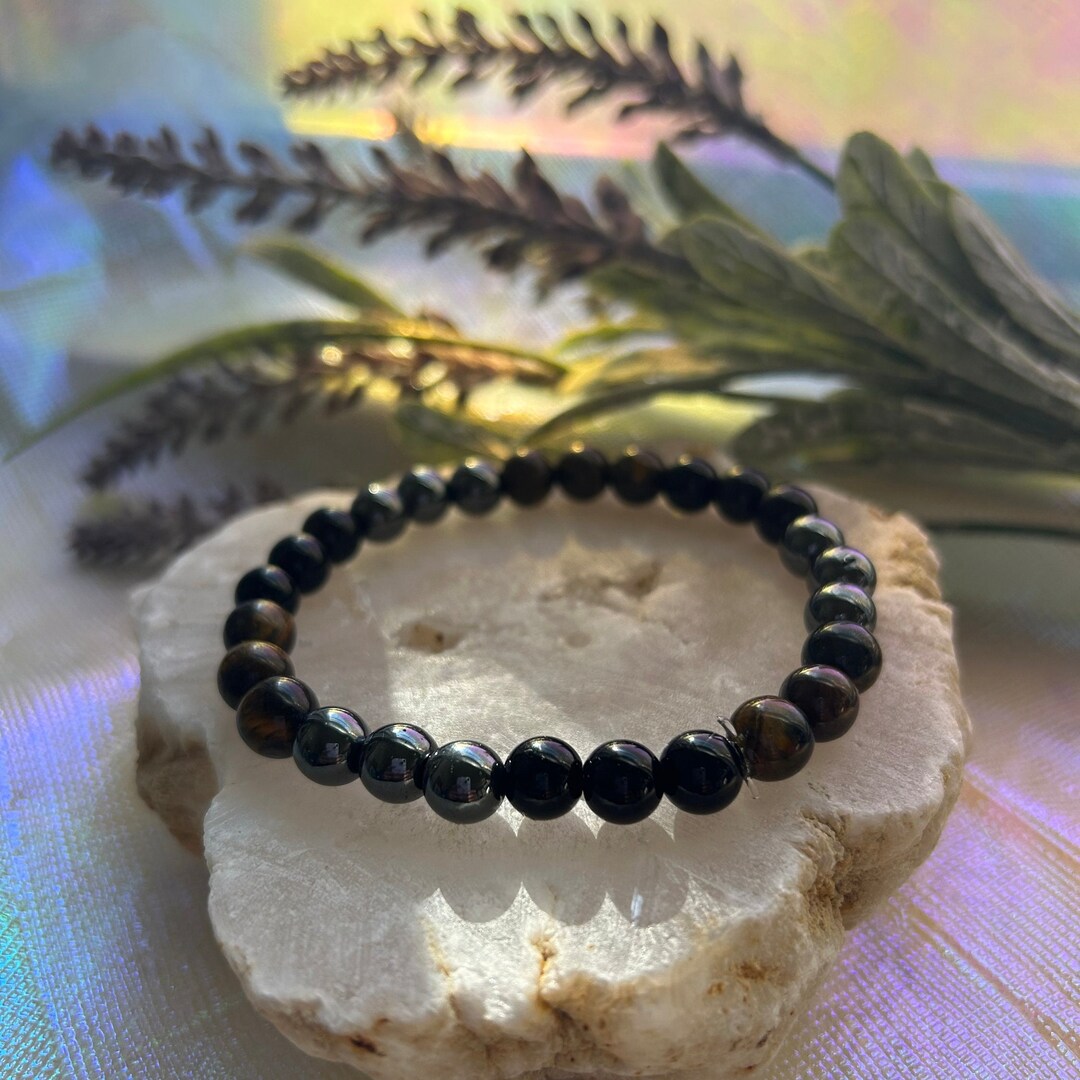 DouVei 8mm Black Obsidian Healing Bracelet – Rainbow Eye, Grounding Stone, Stretchable Meditation Bangle (7.5 In)