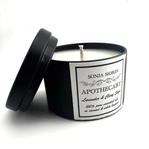 LAVENDER & CLARY SAGE 4 oz. aromatherapy candle 100% pure essential oils in natural coconut / white beeswax in tin