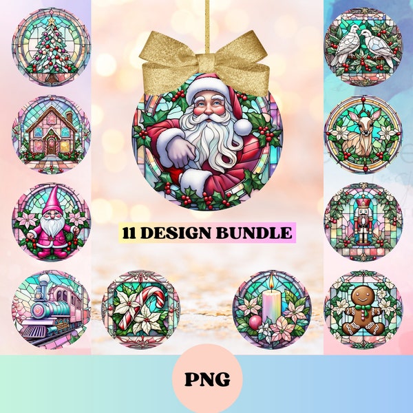 Christmas Stained Glass Round Ornament winter animal bundle png digital download for sublimation