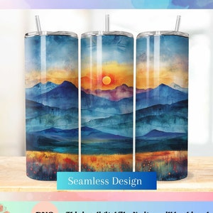 Könnte beinhalten: Ein nahtloses Design mit einer Aquarellmalerei eines Sonnenuntergangs über einer Bergkette. Das Design ist perfekt für Sublimationsvorhaben wie Becher, Tassen und Handyhüllen.