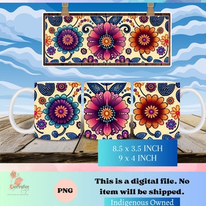 Floral Indigenous coffee mug wrap PNG native digital download 8.5 x 3.5 Inch, 9 x 4 inch, sublimation design